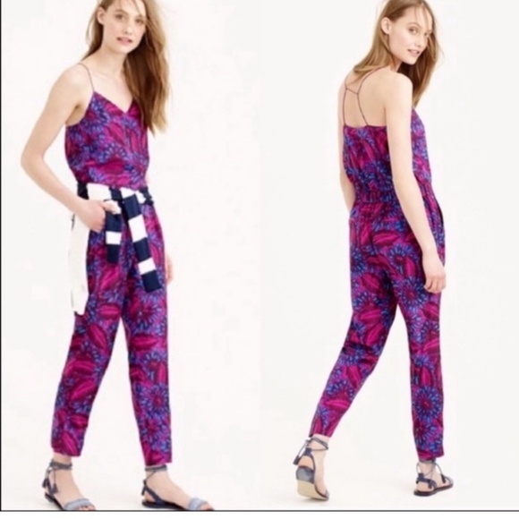 NEW J Crew Silk Jumpsuit Midnight Floral Elastic Waist Spaghetti Straps Size 6 - Picture 16 of 16